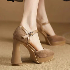 Women's Platform Heels | Rounded Toe Ankle Strap Buckle Block Heel