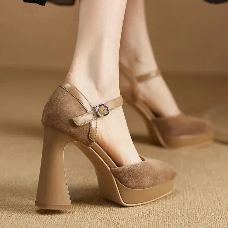 Women's Platform Heels | Rounded Toe Ankle Strap Buckle Block Heel