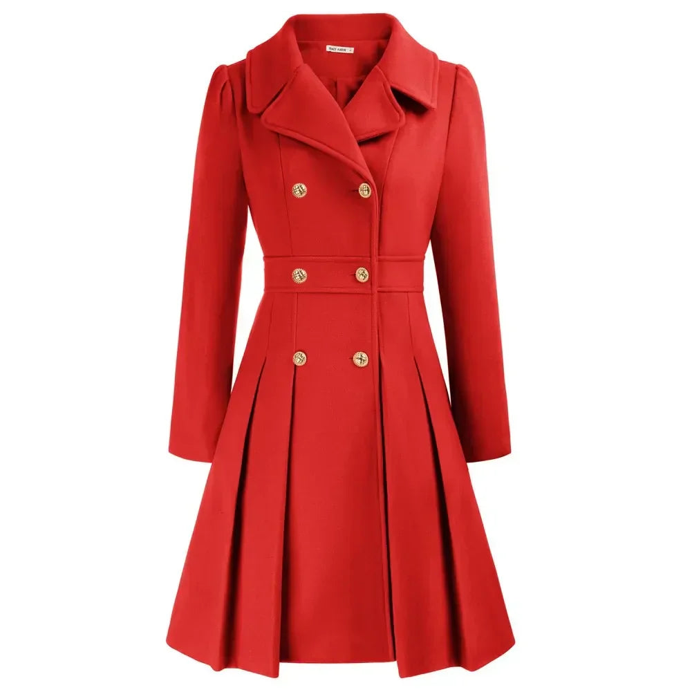 Women's Wool Coat | Double Breasted Notched Lapel A-Line Midi