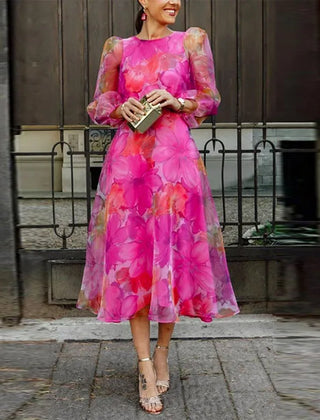 Women's Formal Wedding Guest Dress | Midi Length Puff Sleeve Floral Print