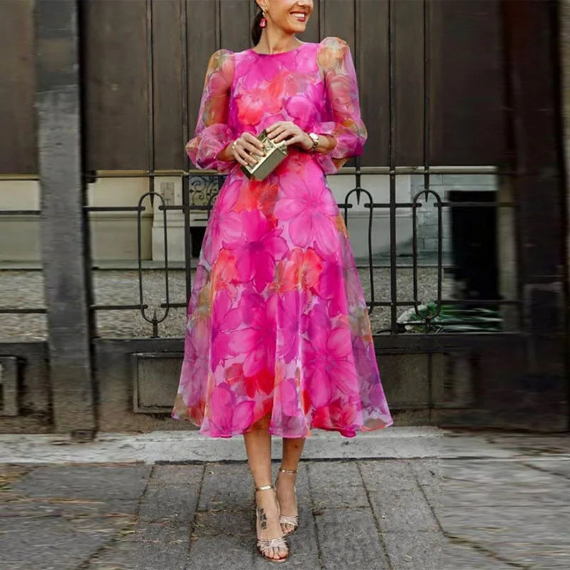 Women's Formal Wedding Guest Dress | Midi Length Puff Sleeve Floral Print