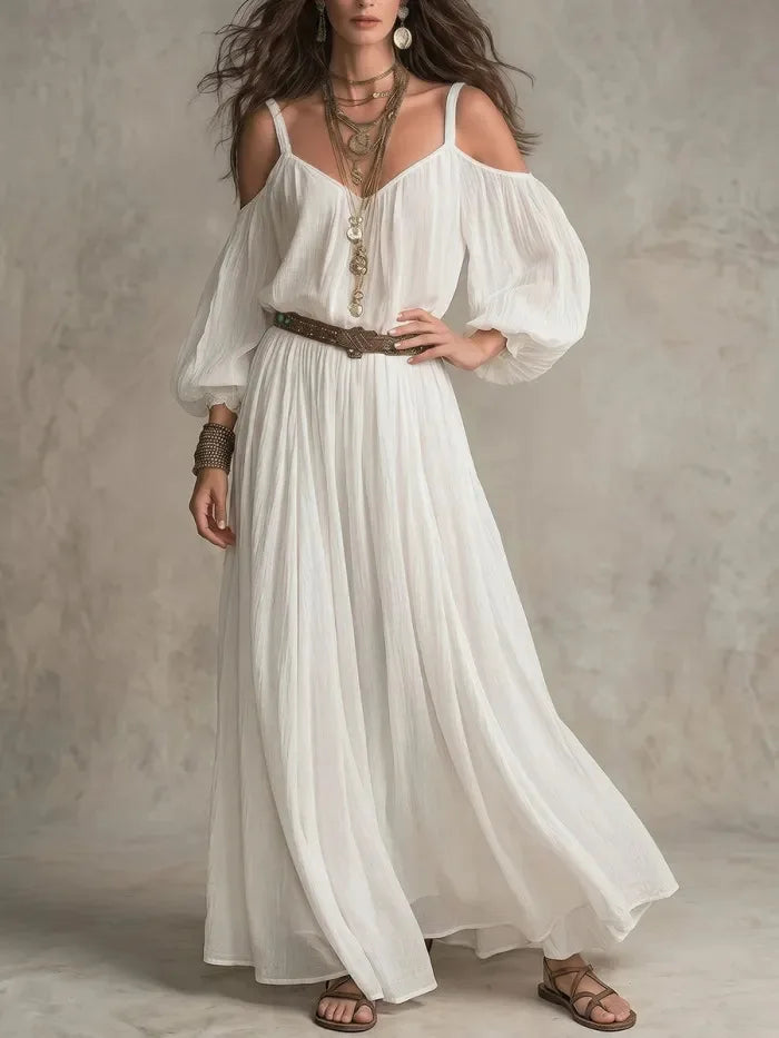Women's White Dress | Maxi Cold Shoulder Puff Sleeve