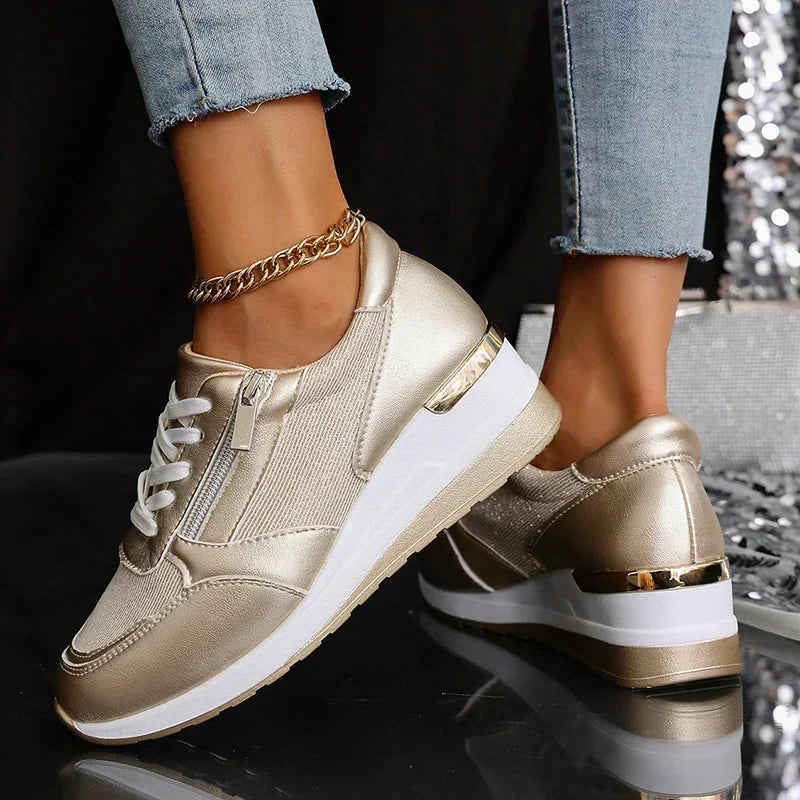 Women's Platform Sneakers | Metallic Upper Lace Closure Zipper