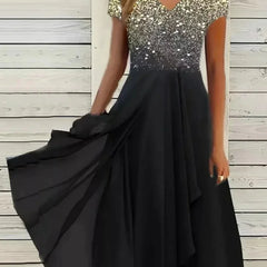 Women's Evening Dress | V-Neck Short Sleeve Sequin Midi