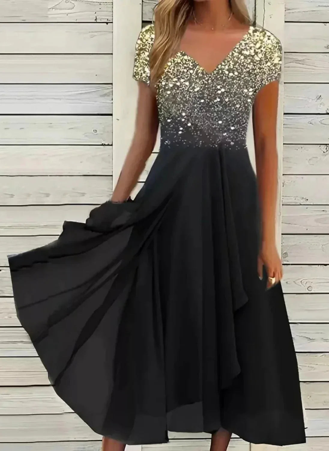 Women's Evening Dress | V-Neck Short Sleeve Sequin Midi