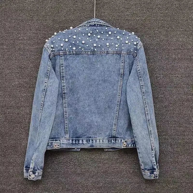 Women's Denim Jacket | Stud Embellished Collar Button Front