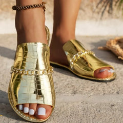 Women's Flip Flop | Open Toe Chain Detail Croc Print Sole