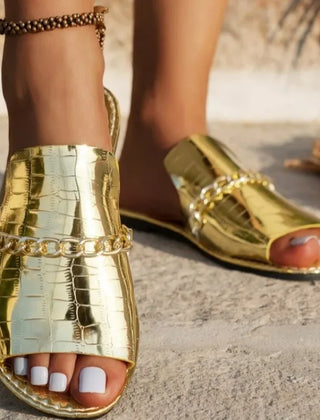 Women's Flip Flop | Open Toe Chain Detail Croc Print Sole