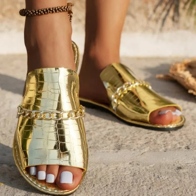 Women's Flip Flop | Open Toe Chain Detail Croc Print Sole