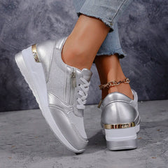 Women's Platform Sneakers | Metallic Upper Lace Closure Zipper