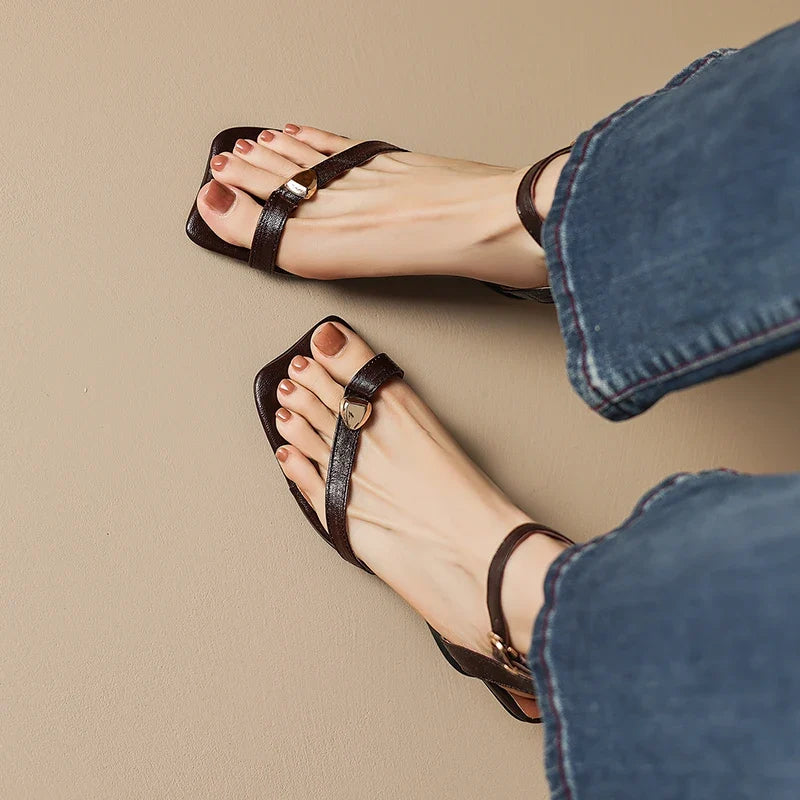 Women's Black Sandals | Square Toe Strappy Ankle Buckle
