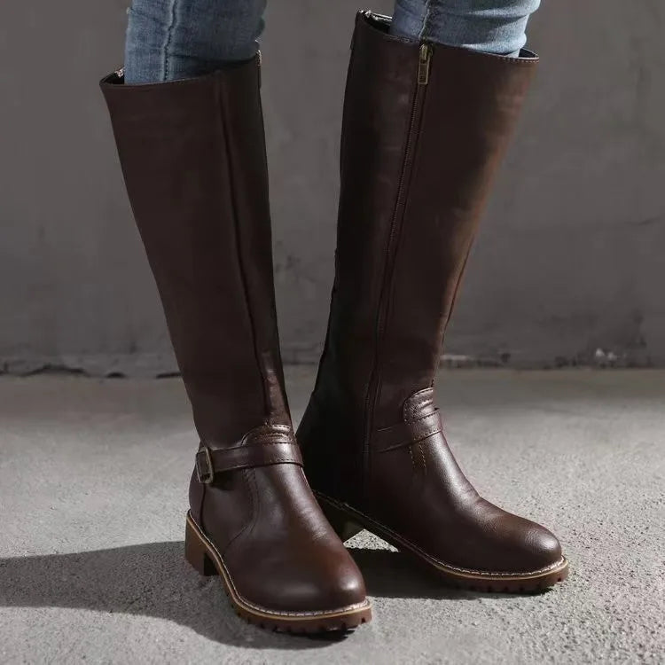 Women's Knee High Boots | Buckle Strap Lug Sole Leather