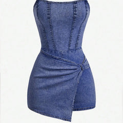 Women's Denim Dress | Strapless Tube Neckline Wrap Front Asymmetric