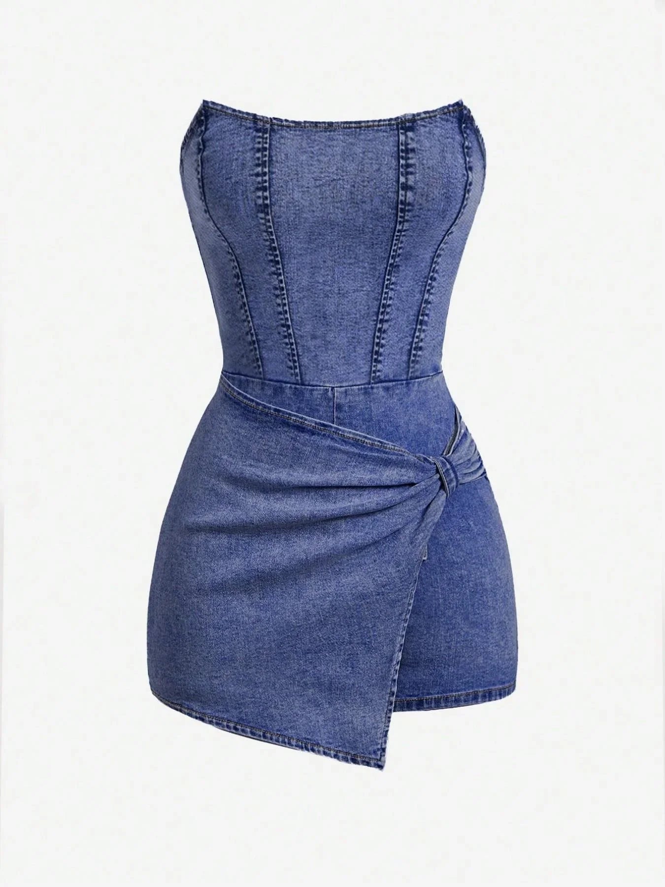 Women's Denim Dress | Strapless Tube Neckline Wrap Front Asymmetric