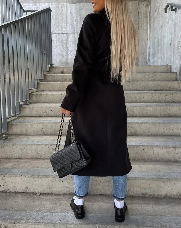 Women's Long Winter Coat | Lapel Collar Button Front Midi Length