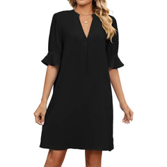 Women's Smart Dress | V Neck Midi Puffed Sleeve