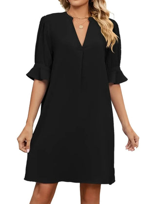 Women's Smart Dress | V Neck Midi Puffed Sleeve