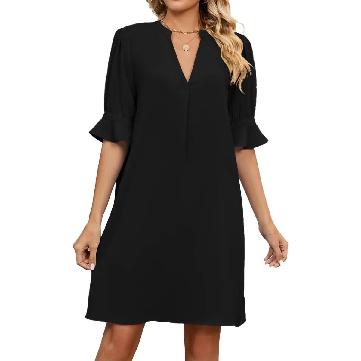 Women's Smart Dress | V Neck Midi Puffed Sleeve