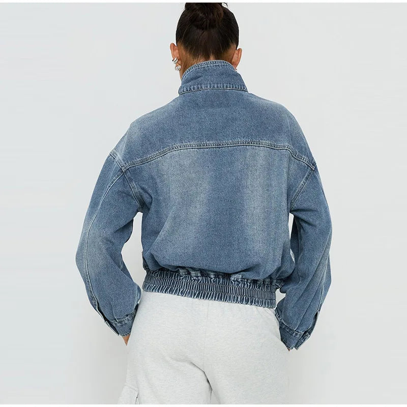 Women's Denim Jacket | Cropped Relaxed Fit Stand Collar Hidden Button