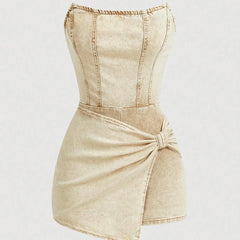 Women's Denim Dress | Strapless Tube Neckline Wrap Front Asymmetric