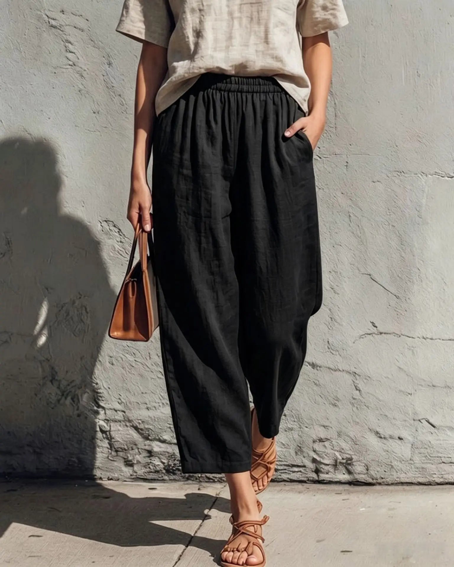 Women's Linen Pants | Wide Leg Relaxed Fit Elastic Waist