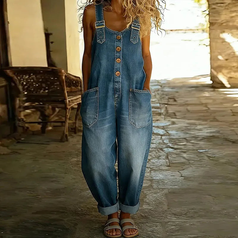 Women's Denim Overall | Button Front Adjustable Straps Relaxed Fit