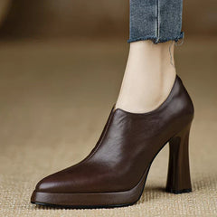 Women's Platform Heels | Leather Ankle Bootie Pointed Toe Zipper