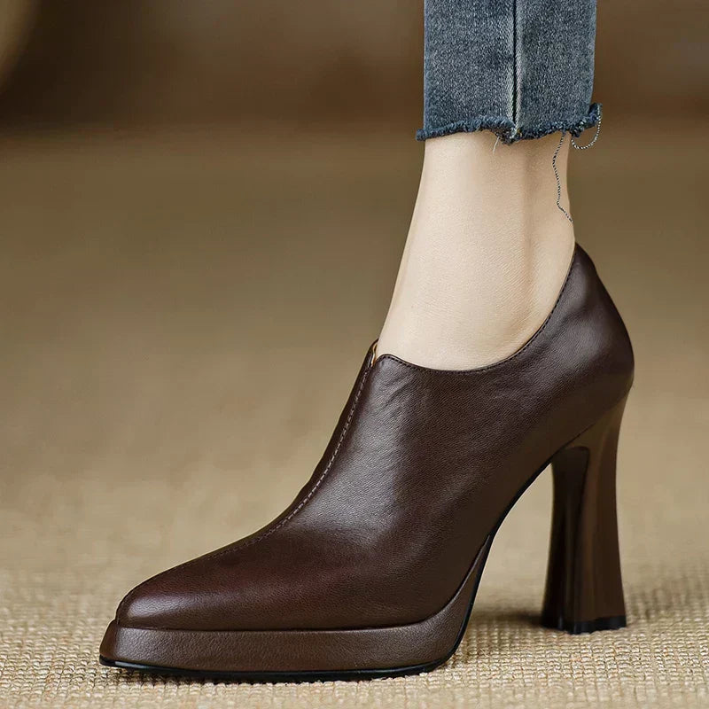 Women's Platform Heels | Leather Ankle Bootie Pointed Toe Zipper