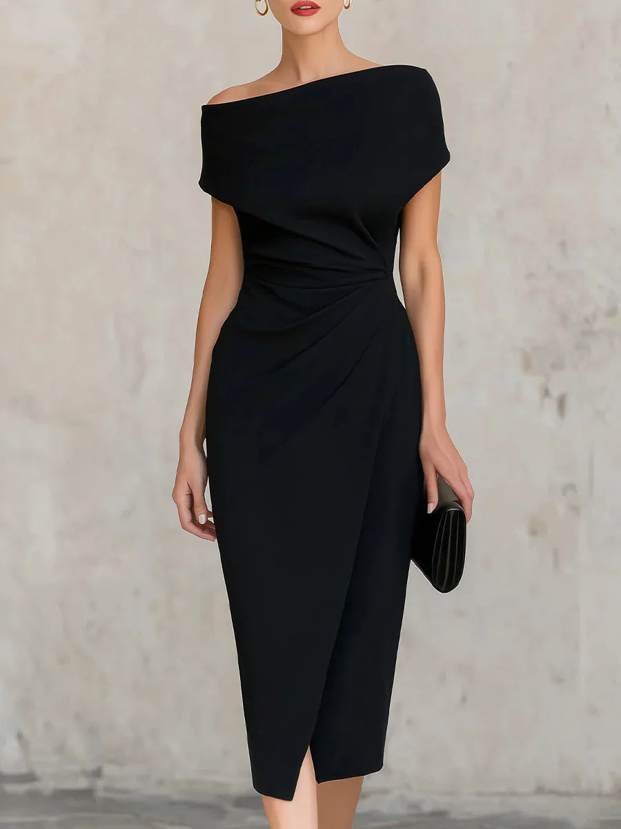 Women's Cocktail Dress | Off Shoulder Midi Slit Knit