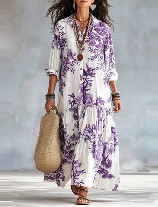 Women's Floral Maxi Dress | Button-Front Collar Maxi