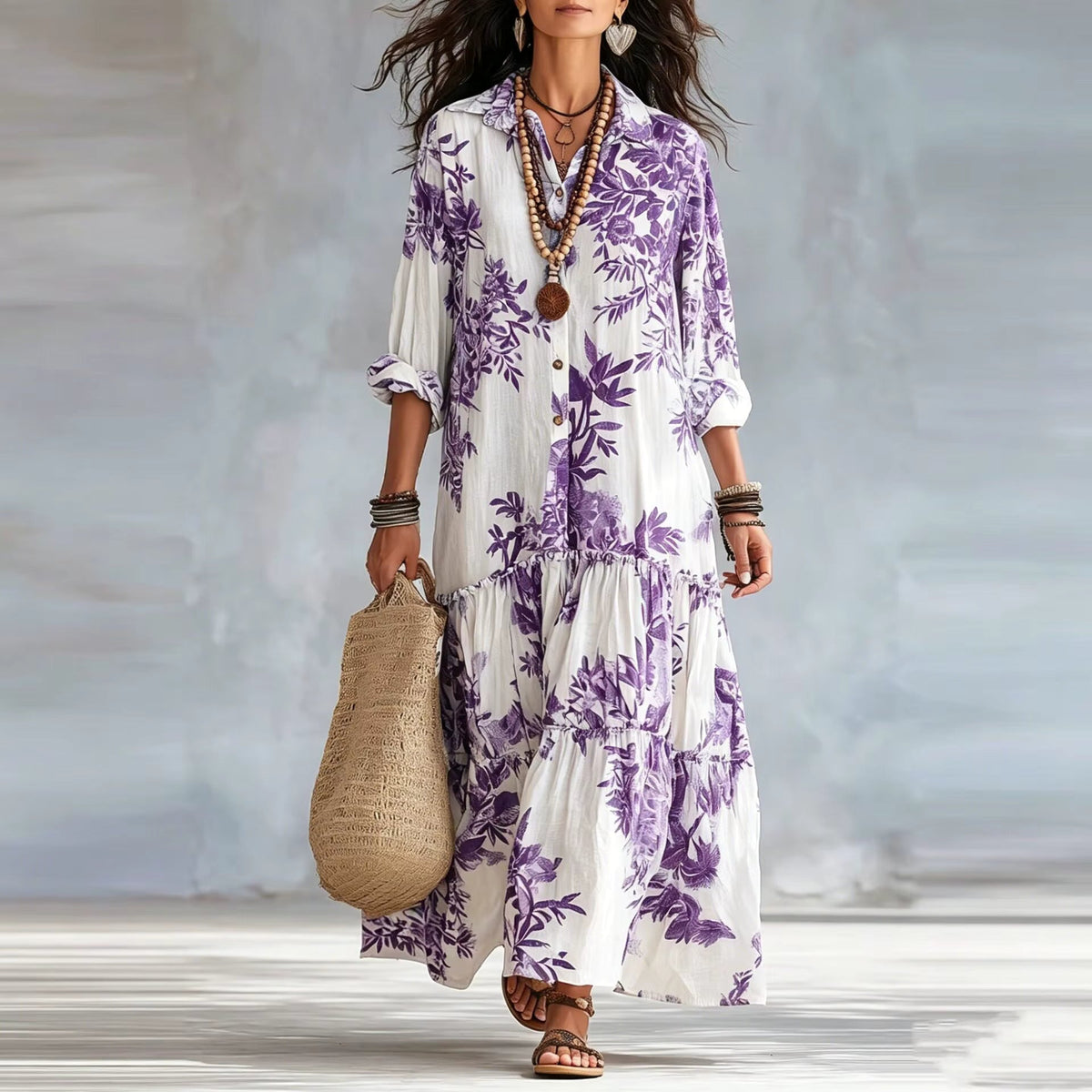 Women's Floral Maxi Dress | Button-Front Collar Maxi