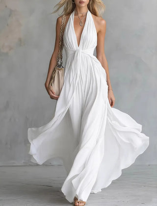 Women's Cocktail Dress | Maxi Halter Neckline Pleated Open Back