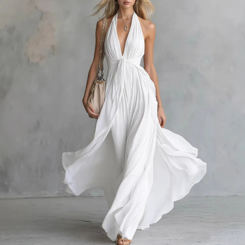 Women's Cocktail Dress | Maxi Halter Neckline Pleated Open Back