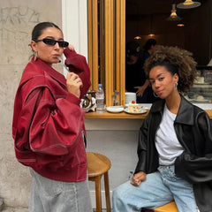 Women's Leather Bomber Coat | Oversized Zip Closure Longline Collar