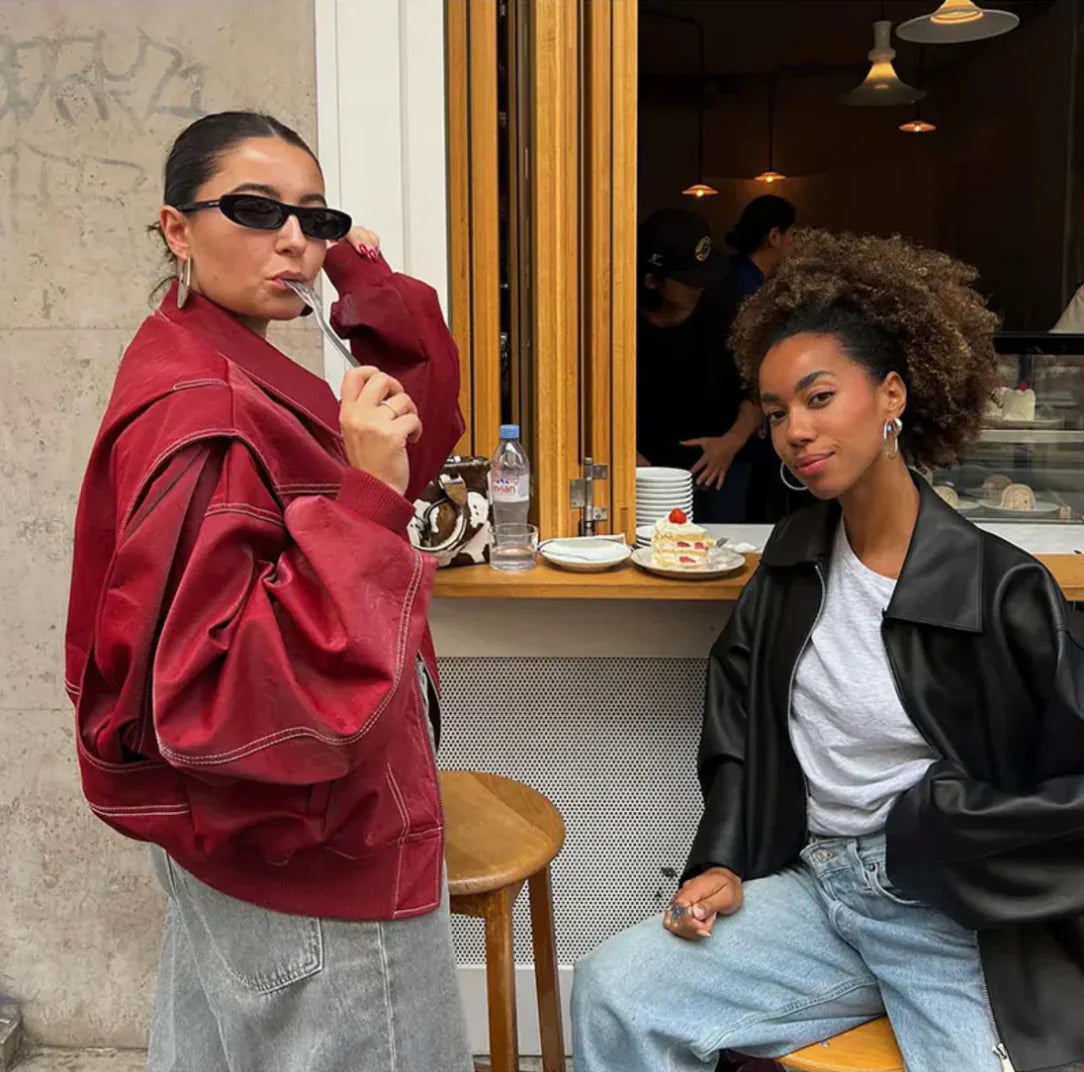 Women's Leather Bomber Coat | Oversized Zip Closure Longline Collar