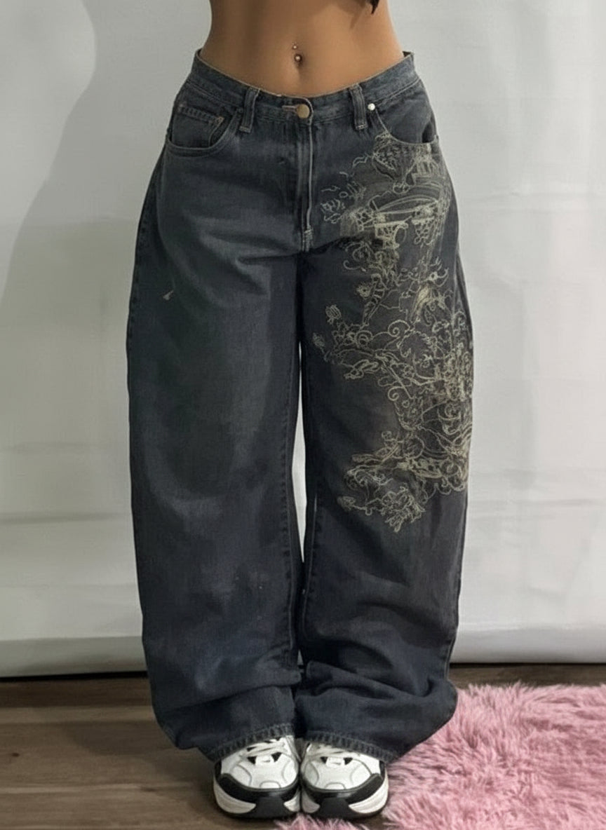 Women's Baggy Jeans | Wide Leg Denim High-Rise Graphic Print