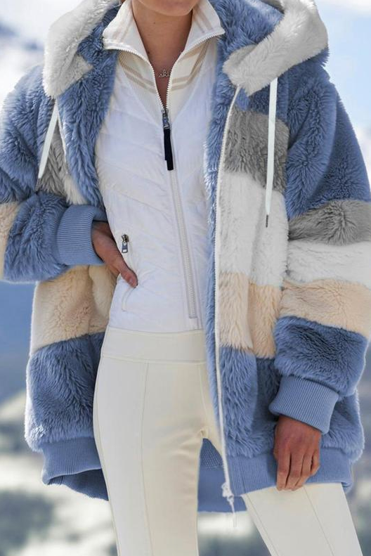 Women's Faux Fur Coat | Striped Hooded Oversized Sherpa