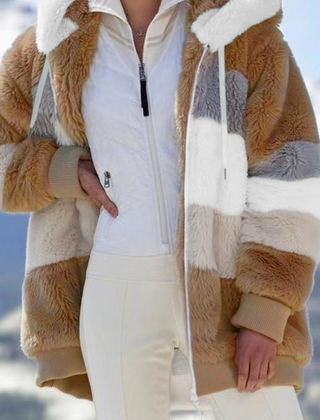 Women's Faux Fur Coat | Striped Hooded Oversized Sherpa