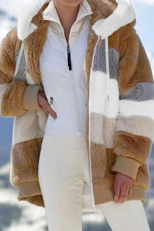 Women's Faux Fur Coat | Striped Hooded Oversized Sherpa