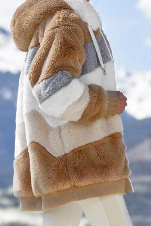 Women's Faux Fur Coat | Striped Hooded Oversized Sherpa