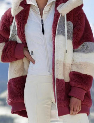 Women's Faux Fur Coat | Striped Hooded Oversized Sherpa
