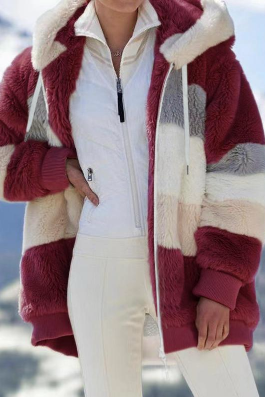 Women's Faux Fur Coat | Striped Hooded Oversized Sherpa