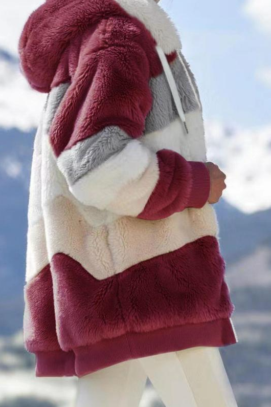 Women's Faux Fur Coat | Striped Hooded Oversized Sherpa
