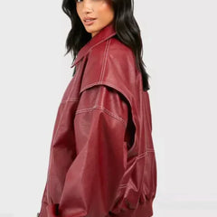 Women's Leather Bomber Coat | Oversized Zip Closure Longline Collar