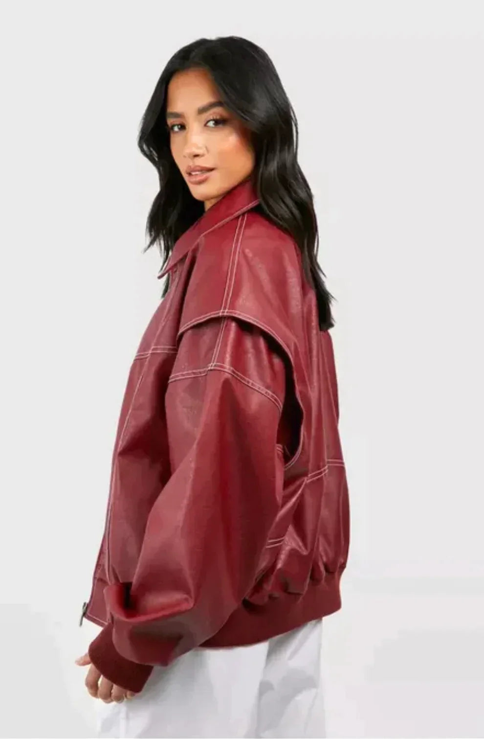 Women's Leather Bomber Coat | Oversized Zip Closure Longline Collar