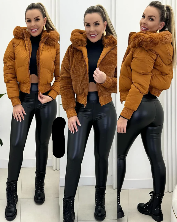 Women's stylish quilted bomber jacket with luxurious faux fur hood, perfect for winter fashion.
