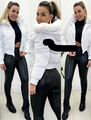 Elegant women's quilted bomber jacket, complete with a plush faux fur hood, for trendy cold weather style.