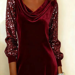 Women's Sequin Dress | Cowl Neckline Sequin Sleeves Velvet Mini