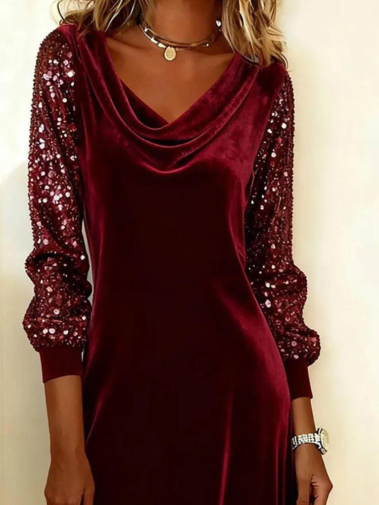Women's Sequin Dress | Cowl Neckline Sequin Sleeves Velvet Mini