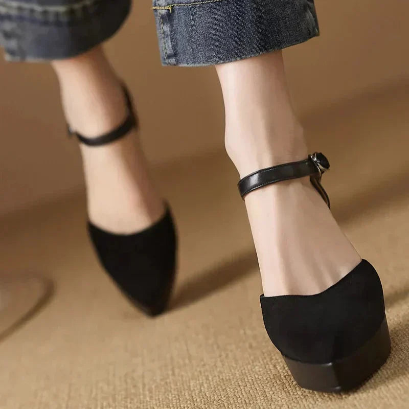 Women's Platform Heels | Rounded Toe Ankle Strap Buckle Block Heel